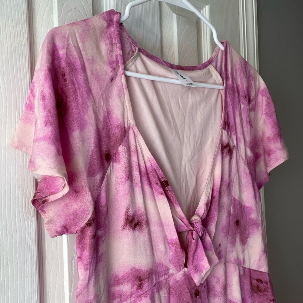 New Abound Dress Large Pink Tie Dye Mini Short Sleeve Front‎ Tie Keyhole Flowy - Picture 4 of 15